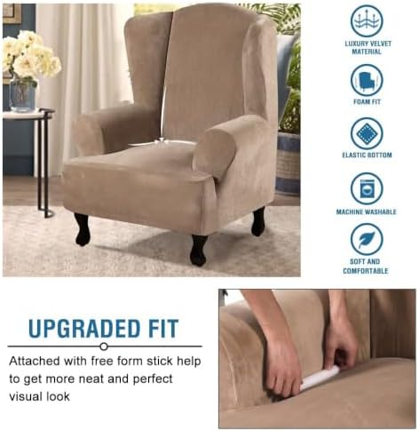 H.VERSAILTEX Wingback Chair Covers Velvet Plush Wing Chair Slipcover 1 Piece High Stretch Wing Back Chair Slipcovers Sofa Cover Furniture Cover with Elastic Bottom, Camel - Image 4