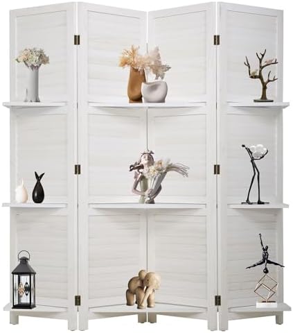 FDW 4 Panel Room Divider Folding Privacy Wooden Screen with Three Clever Shelf Portable Partition Wood Divider for Home Office, White by FDW