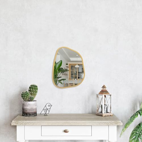 Asymmetrical Accent Mirror for Wall Irregular Oval Wood Frame Modern Unique Wall Mirror Decorative Vanity Bathroom Living Room Bedroom Entryway Hallway Artistic Mirror Small Gold 14"x10" - Image 4