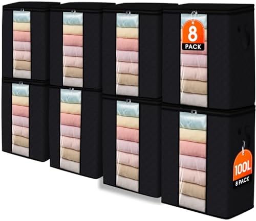 SpaceWhisper 8 Pack 100L Clothes Storage, Foldable Storage Bags, Black by Unknown