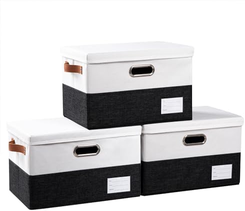 PRANDOM Foldable Storage Bins with Lids [3-Pack] Fabric Collapsible Storage Boxes Baskets Cubes Containers with Handles for Closet Living Room Bedroom (Black & White 14.9x9.8x9.8'') by Prandom