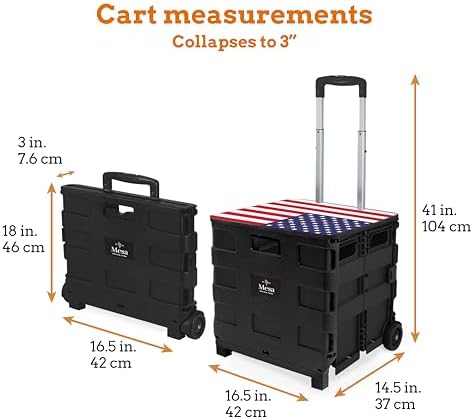 Inspired Living Collapsible Ultra-Slim Pack-N-Roll,2 Wheel Utility Cart w/Lid Used as Seat up to 250 Lbs, Telescopic Handle, Super Strong, for Home,Garden,Shopping,Office,School, Large, American Flag - Image 2