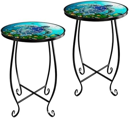 2-Pack 15 Inch Tall Mosaic Patio Side Tables Style, Metal Folding Turtle Table Set, Shatterproof Outdoor Patio Table for Porch Deck, Rust Resistant Small Garden Table (Set of 2) by Unknown
