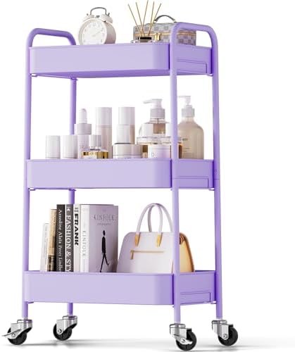 TOOLF 3 Tier Metal Rolling Cart, Utility Storage Cart with Wheels, Purple | Screwless Assembly, Lockable Metal Wheels, Trolley Organizer for Bathroom, Kitchen, Office, Dorm, Laundry, Craft Room by TOOLF