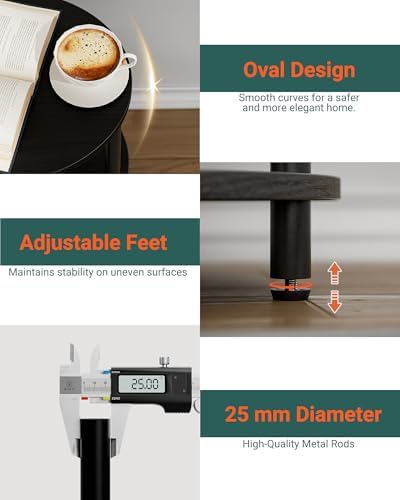 Round Pedestal End Table - 3-Tier Oval Accent Table for Small Spaces, Rustic Wood and Metal Couch Side Table, Nightstand for Bedroom or End Table Living Room, Easy to Assemble, Charcoal Wenge - Image 3