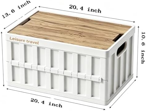 2 Pack White 50L Collapsible Storage Crate Wooden Lid Stackable Bin for Garage RV Car - Image 2