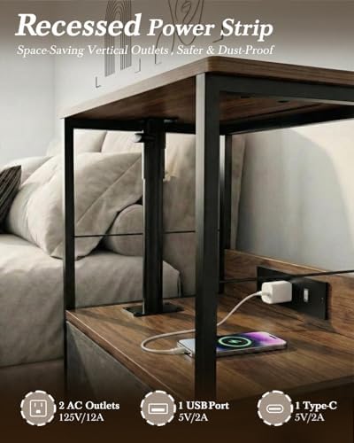 Faesun Swivel Lift Top Nightstand with Charging Station, Rolling Side Table for Recliner, Bedside Table with Wheels & a Fabric Drawer, for Small Spaces, for Bedroom, Living Room, Walnut Gray - Image 4