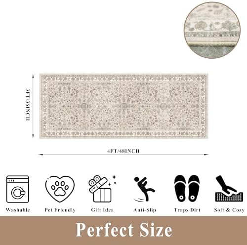 3x8 Hallway Runner Rug Washable Non-Slip – Boho Floral Soft Wide Carpet Runner for Kitchen Entryway Bathroom Bedroom – Low-Pile Thin Floor Mat with Rubber Backing (Beige,3x8) - Image 2