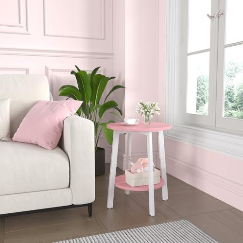 sthmec Side Table, Small Round End Table with Storage Shelf for Small Space, 2-Tier Bedside Table Sofa Couch Table, Round Accent Table Nighstands for Living Room, Bedroom, Pink - Image 2