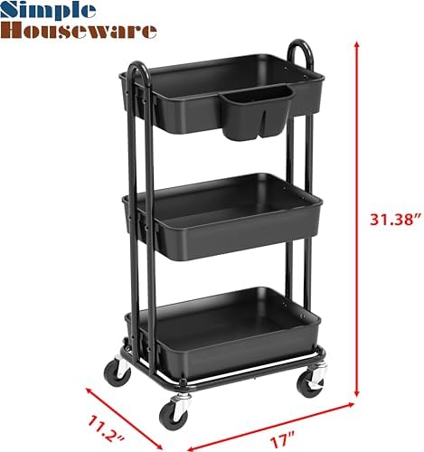 Simple Houseware 3-Tier Rolling Utility Cart with Hanging Bucket, Black - Image 3