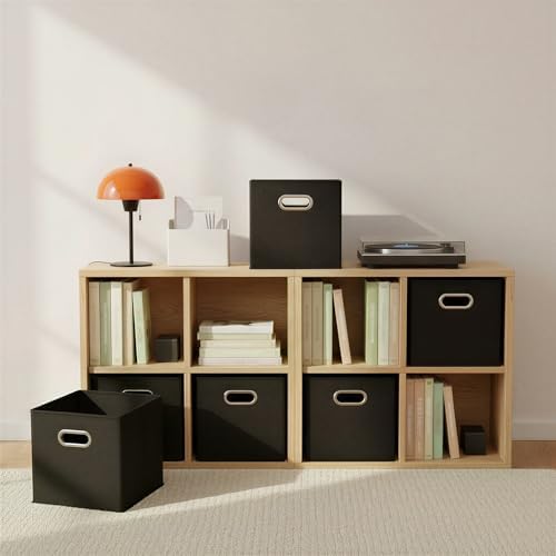 Household Essentials Foldable Fabric Storage Bins 6 Piece Set, Strong Poly-Woven Fabric, Sturdy Chipboard Sides, Grommet Front Handle, Stackable, Classic Design, Black - Image 5