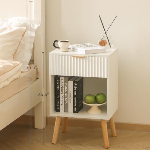 Fultyle White Fluted Nightstand, Modern Bedside Table with Drawer and Shelf - Image 2