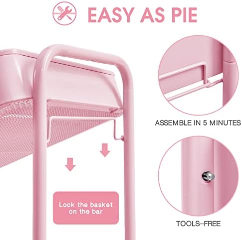 TOOLF 3 Tier Metal Rolling Cart, Utility Storage Cart with Wheels, Pink | Screwless Assembly, Lockable Metal Wheels, Trolley Organizer for Bathroom, Kitchen, Office, Dorm, Laundry, Craft Room - Image 3
