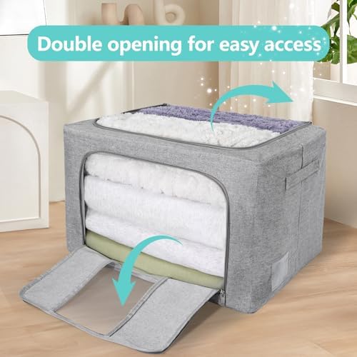 3 Pack Clothes Storage Bins, Foldable Metal Frame Storage Box with Lids,Stackable Linen Fabric Organizer Set with Carrying Handles,Zippers,and Clear Window (Grey, 66L) - Image 4