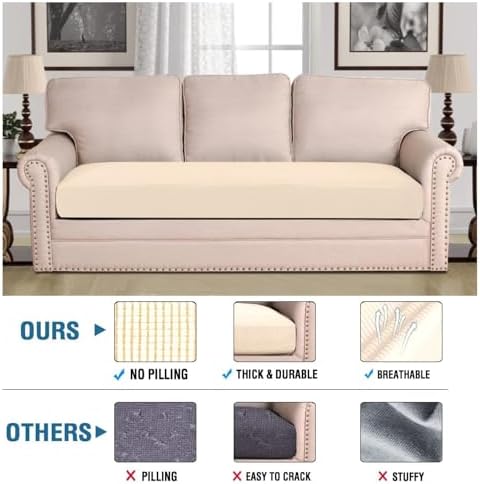 H.VERSAILTEX Super Stretch Individual Seat Cushion Covers Sofa Covers Couch Cushion Covers Slipcover Sets Thick Jacquard Textured Twill Fabric (1 Piece Sofa Cushion Cover, Cream) - Image 2