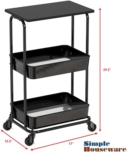 Simple Houseware 2-Tier Rolling Utility Cart Wood Top/Lockable Wheel, Black - Image 3