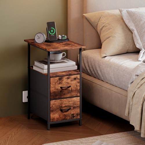 Somdot End Table Set of 2 with Charging Station, 2 Drawers, Slim Side Table - Image 7