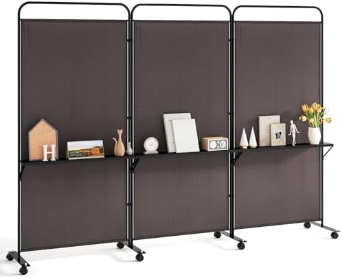 Giantex 3 Panel Room Divider with Wheels and Shelves, 103" W x 74" H Folding Privacy Screen, Rolling Partition Separator for Home Office Studio, Fabric Wall Divider for Room Separation (Brown) by Giantex