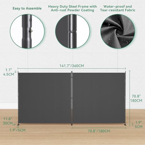 Helios&Hestia 2-Panel 6 ft Tall Indoor Folding Room Divider, Portable Privacy Screen, Freestanding Partition Separator, Temporary Wall Separation for Bedroom, Office, 142" W X 71" H, Dark Grey - Image 6