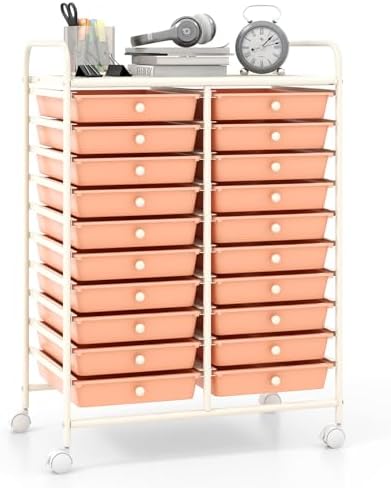 Giantex 20 Drawers Rolling Cart, Mobile Storage Drawer Cart, Classroom Organizer for Office School Supplies Tools Scrapbook Paper Craft Small Printer, Utility Stand on Wheels, Peach by Giantex