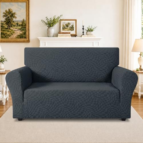 ZNSAYOTX 1 Piece Stretch Loveseat Covers for 2 Cushion Couch (55"-71"), New Plaid Couch Cover with Non-Slip Buckle for Dog Pets, Soft Cozy Washable Sofa Slipcover Form Fit Protector, Dark Grey - Image 2