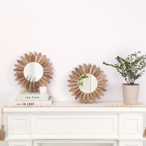 LOSOUR 2 Pack Boho Wall Decor Sunburst Mirror 12 inch Rustic Round Wood Mirror Boho Mirror Farmhouse wall Decor for Bedroom Living Room Entryway - Image 2