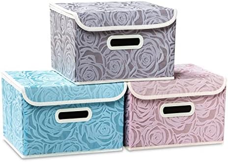PRANDOM Collapsible Storage Boxes with Lids Fabric Decorative Storage Bins Cubes Organizer Containers Baskets with Cover Handles Divider for Bedroom Closet Living Room 9.8x7.9x6.7 Inch 3 Pack by Prandom