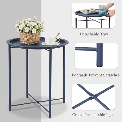 VECELO Side/End Table, Folding Round Metal Anti-Rust and Waterproof Outdoor or Indoor Tray for Living Room Bedroom Balcony and Office, 1 PCS, Blue - Image 5