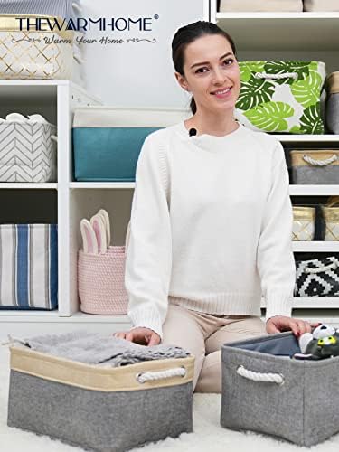 TheWarmHome Storage Bins for Organizing,Sturdy Storage Basket, Decorative Foldable Storage Baskets for Shelves Closet Toy (Gold&Grey Medium - 3 Pack 13.8L×9.8W×6.7H inch) - Image 4