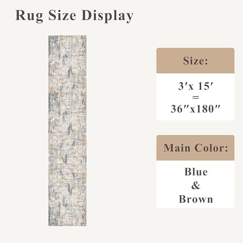 3x15 Ft Long Hallway Runner Rug - Non-Slip Washable Kitchen Runner Rug with Rubber Backing | Modern Abstract Wide Floor Carpet Runner for Indoor Entryway, Bedroom, Living Room（Blue Brown） - Image 2