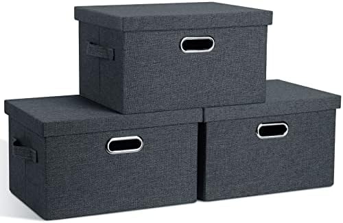 Graciadeco Medium 15" 21 Quart Collapsible Stackable Storage Bins with Lids, 3 Packs Dark Grey Foldable Fabric Closet Boxes Heavy-duty Linen Cube Baskets Container for Bedroom Office (15 x 11 x 8) by GraciadecoStorage