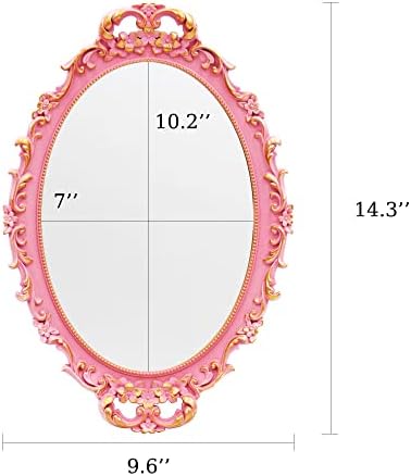 Tstarer Vintage Decorative Pink Framed Mirror, Wall Hanging Mirrors & Tabletop Tray for Bedroom Living Room Dresser Decor, Oval- 9.6" W x 14.3" L (Pink) - Image 3