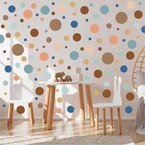 230 PCS Boho Polka Dot in Neutral Earth Tones & Blue Accents Wall Decals | 10 sheets removable waterproof peel & stick circle wall stickers for nursery, kids room, bedroom, playroom & home decor by Qaxrocyn