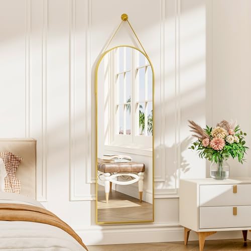 16"x48" Hanging Mirror with Leather Strap,Arched Full Length Mirror with Aluminum Frame Wall-Mounted Hanging Mirrors for Bathroom Vanity Living Room Bedroom Entryway Décor, Gold - Image 2