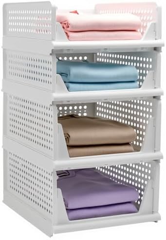 Goderewild Stackable Foldable Storage Baskets, Folding Storage Bins, Closet Organizers and Plastic Drawer Shelf Storage Container for Wardrobe, Cupboard, Kitchen, Bathroom, Office (White, 2L2S) by Goderewild