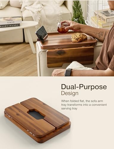 HOLANA 15.75" Acacia Couch Arm Tray with Phone Holder, Natural Wood Color - Image 5