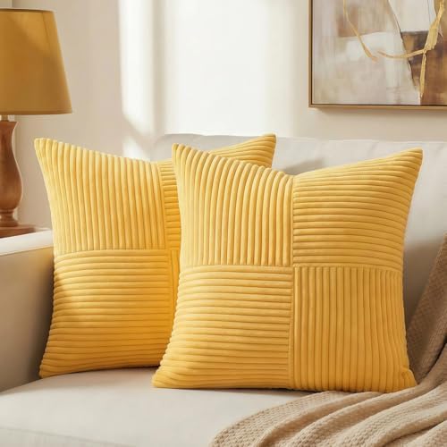 Fancy Homi 2 Packs Yellow Decorative Throw Pillow Covers 16x16 Inch for Living Room Couch Bed, Rustic Farmhouse Boho Home Decor, Soft Corss Patchwork Corduroy Textured Square Cushion Case 40x40 cm by Fancy+Homi