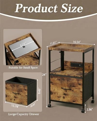 Faesun Swivel Lift Top Nightstand with Charging Station, Rolling Night Stand with Fabric Drawer, Adjustable Bedside Table for Bedroom, Living Room, Brown, Pro - Image 3