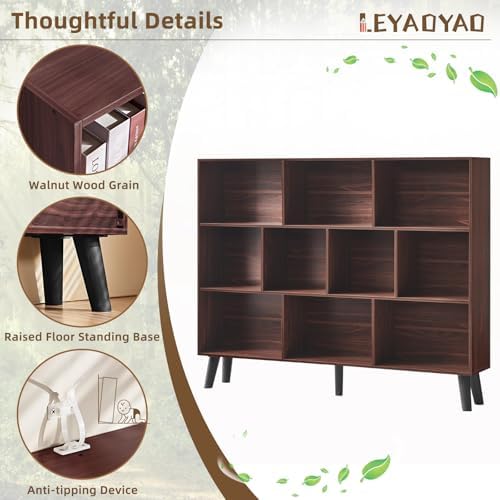 LEYAOYAO 10 Cube Bookshelf, Mid-Century Modern Book Shelf with Legs, Walnut - Image 5