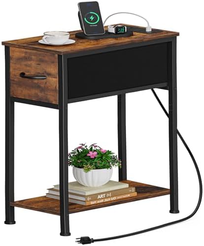 Vagusicc End Table with Charging Station, Narrow Side Table Nightstand with Fabric Drawer, Slim Nightstand for Bedroom, Small Bedside Table, Slim Sofa Side Table for Small Spaces, Rustic Brown by Vagusicc