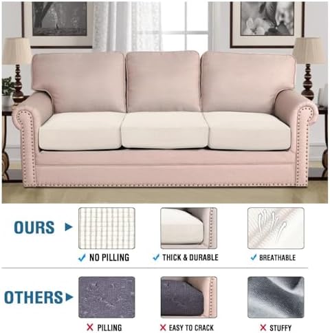 H.VERSAILTEX Super Stretch Individual Seat Cushion Covers - Sofa & Couch Cushion Slipcover Sets - Thick Jacquard Textured Twill Fabric (3 Piece XL, Porcelain White) - Image 2