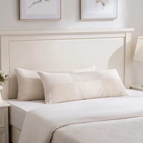 Fancy Homi Set of 2 Cream Boho Long Lumbar Body Decorative Throw Pillow Cover 14x36 Inch for Bed Couch Bedroom Bench, Soft Patchwork Corduroy Textured Pillow Case, Rustic Farmhouse Room Décor by Fancy+Homi
