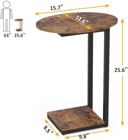 Hosfais Small Side Table Set of 2, C-Shaped Wood Sofa End Table with Metal Frame for Living Room, Bedroom, Small Spaces (Rustic Brown) - Image 3