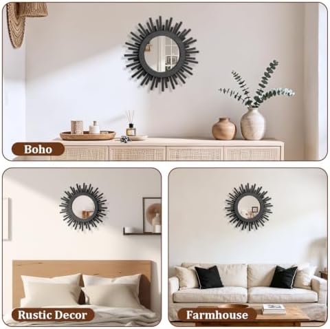 12 Inch Boho Sunburst Mirror, Round Wooden Wall Decor Starburst Sun Mirror for Bedroom, Living Room, Bathroom, Hallway, Balcony, Farmhouse Entryway, Housewarming Gift（Black - Image 7