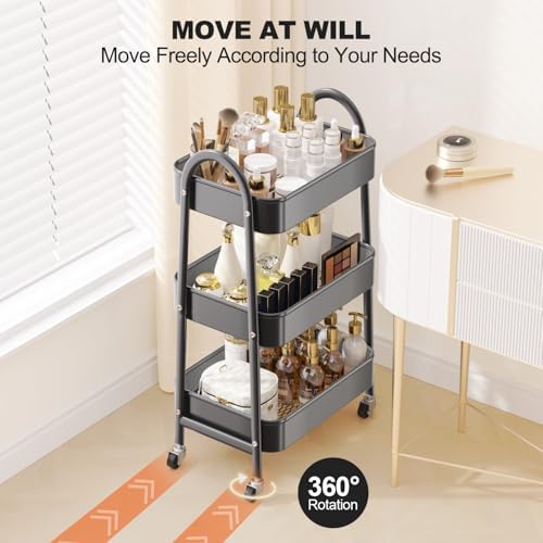 EAGMAK 3 Tier Rolling Cart, Large Metal Storage Cart with Handle and Lockable Wheels, Big Multifunctional Storage Organizer Trolley with Mesh Baskets for Kitchen, Living Room, Office, Garage (Black) - Image 4
