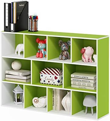 Furinno LUDER Book Shelf, 11-Cube Bookshelf, Reversible Bookcase, 9.4 x 29.1 x 41.7, Easy Assembly, for Living Room, Bedroom, Home Office, White/Green by Furinno-FitsYourSpaceFitsYourBudget