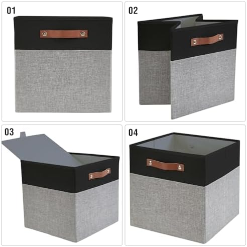 Bagnizer Collapsible Fabric Storage Cube Bins with 2 Reinforced PU Handles, Foldable Storage Organizer Baskets for Closet, Shelves, Living Room | 13"x13"x13", 4 Pack, Black & Gray - Image 3