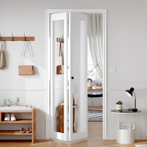 FREDBECK Bifold Doors for 36x80 Opening (Double 18x80),Interior Folding Barn Doors with Mirror and Concealed Hardware Kit Included,PVC Surface, White,for Closet by FREDBECK