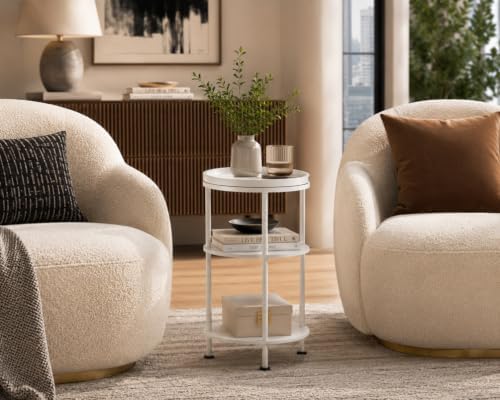 Small Round Side Table with Tray Top (Patented Design), 11.8" Narrow End Table for Small Spaces, 3-Tier Modern White Nightstand, Original Accent Furniture for Living Room Bedroom (Classic, White) - Image 5