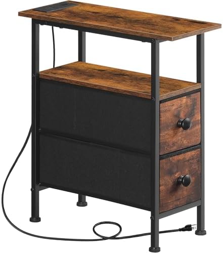 HOOBRO End Table with Charging Station, Narrow Side Table with 2 Fabric Drawers, Skinny Nightstand with Storage, Slim Bedside Table for Living Room, Small Spaces, Rustic Brown and Black BF487UBZ01 by HOOBRO